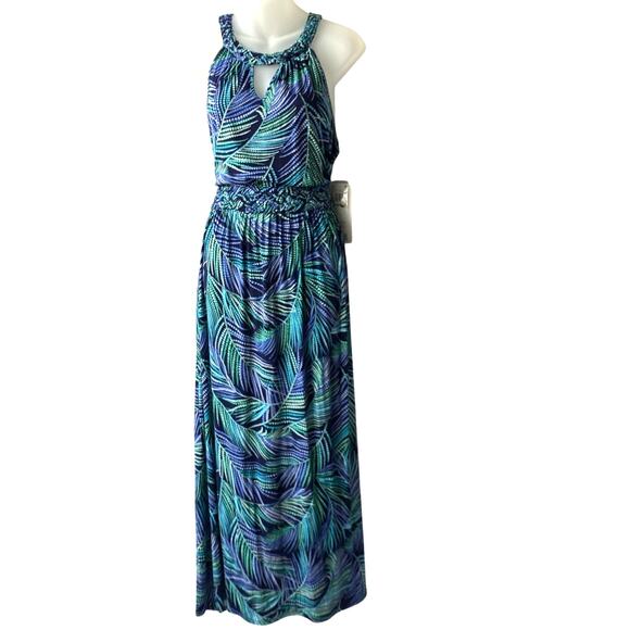 Berkley Jensen Women Braided Halter Maxi Dress M Blue Tropical Palm Stretch NWT‎ - Picture 1 of 10